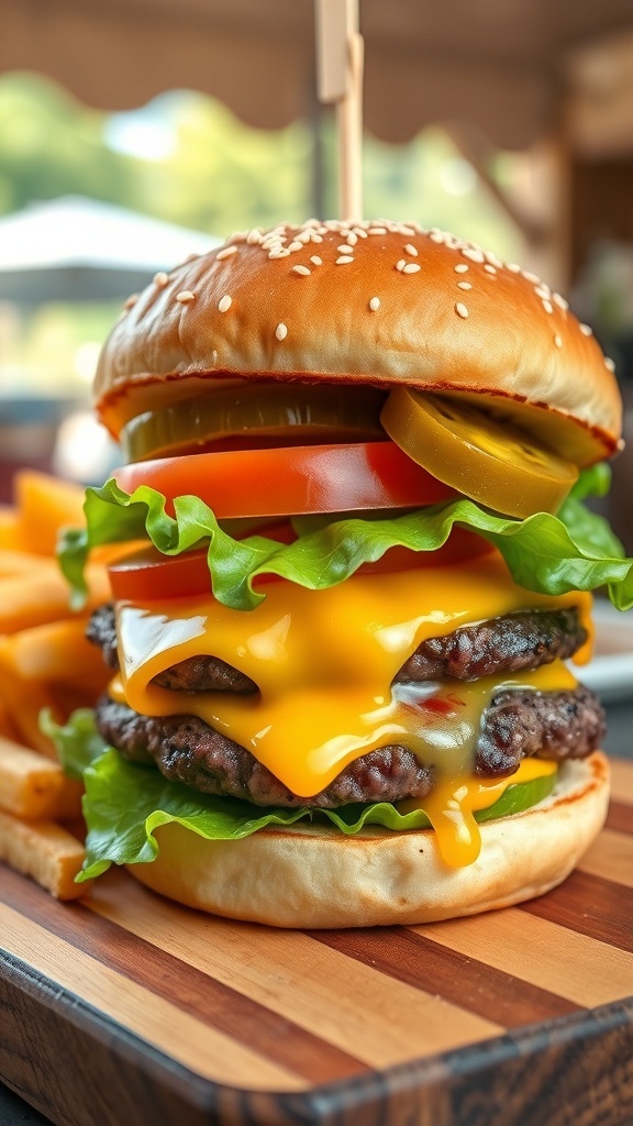 A classic cheeseburger with lettuce, tomato, and cheese on a toasted bun, served with fries.